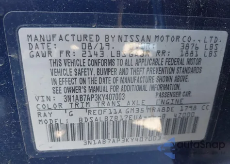 2019 Nissan Sentra S z USA, uszkodzony, nr VIN 3N1AB7AP3KY407003